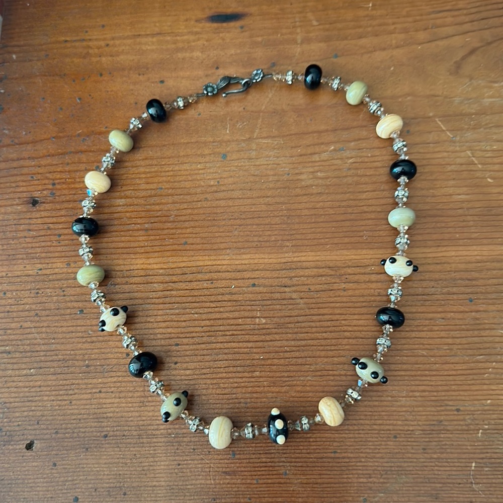 Vintage Lampwork Glass Crystal Short Necklace Black White Olive Cream 925 OOAK
